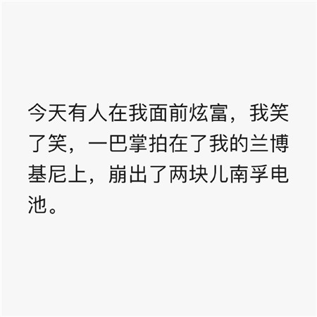 今天有人在我面前炫富，我笑了笑，一把拍在了我的兰博基尼上，蹦出了两块儿南孚电池