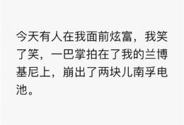 今天有人在我面前炫富，我笑了笑，一把拍在了我的兰博基尼上，蹦出了两块儿南孚电池